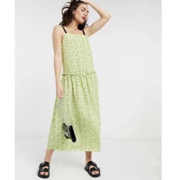 New TOPSHOP Floral Print Drop Waist Midi Dress in Lime - Picture 1 of 9